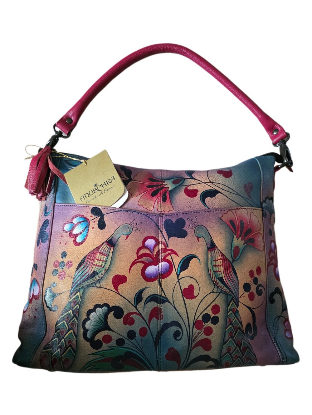 Anuschka Hand-Painted Peacock Leather Convertible Bag NWT